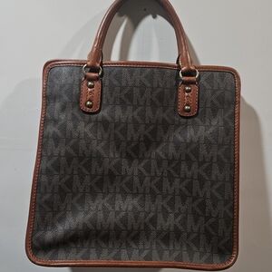 Michael Kors Vintage Style Tote Brown Handles Black Logo Print Bag